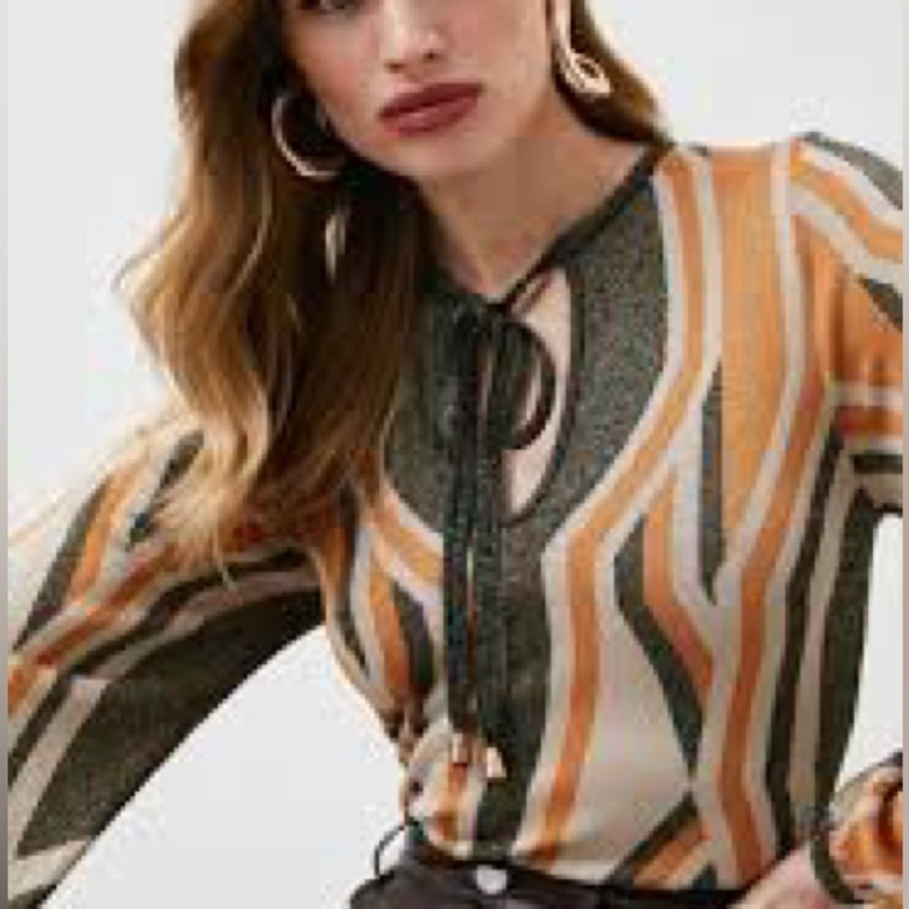 Karen Millen Striped Long-Sleeve Tie-Neck Blouse in Olive, Cream & Mustard